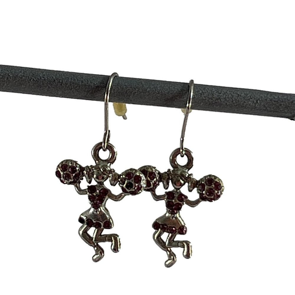 Silvertone Dangle Cheerleader Earrings Fish Hook Pink Rhinestones Movable Legs